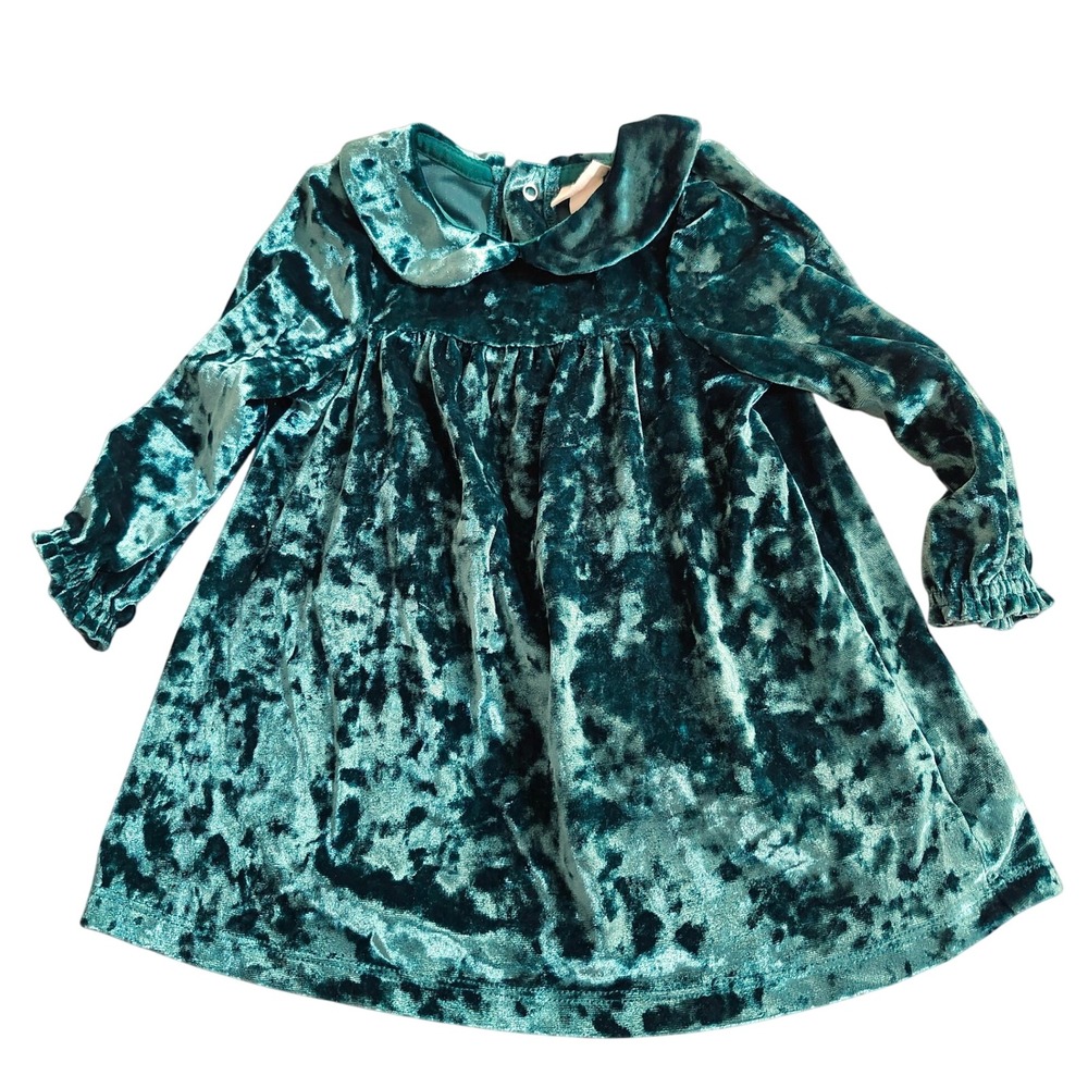 Cat & Jack Baby Girl Xmas Green Crushed Velvet Dress Peter Pan Collar 12M